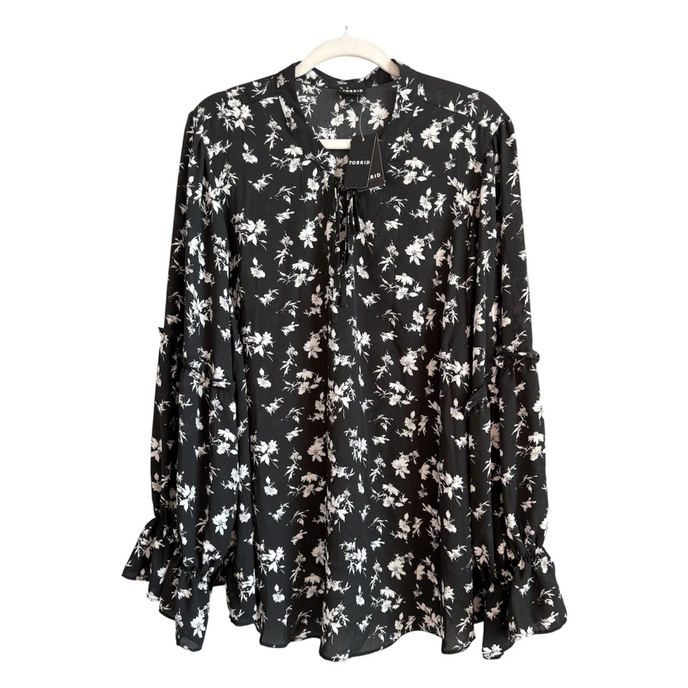 Torrid 3X Black Floral Ruffle Long Sleeve Georgette Blouse Boho NEW Romantic